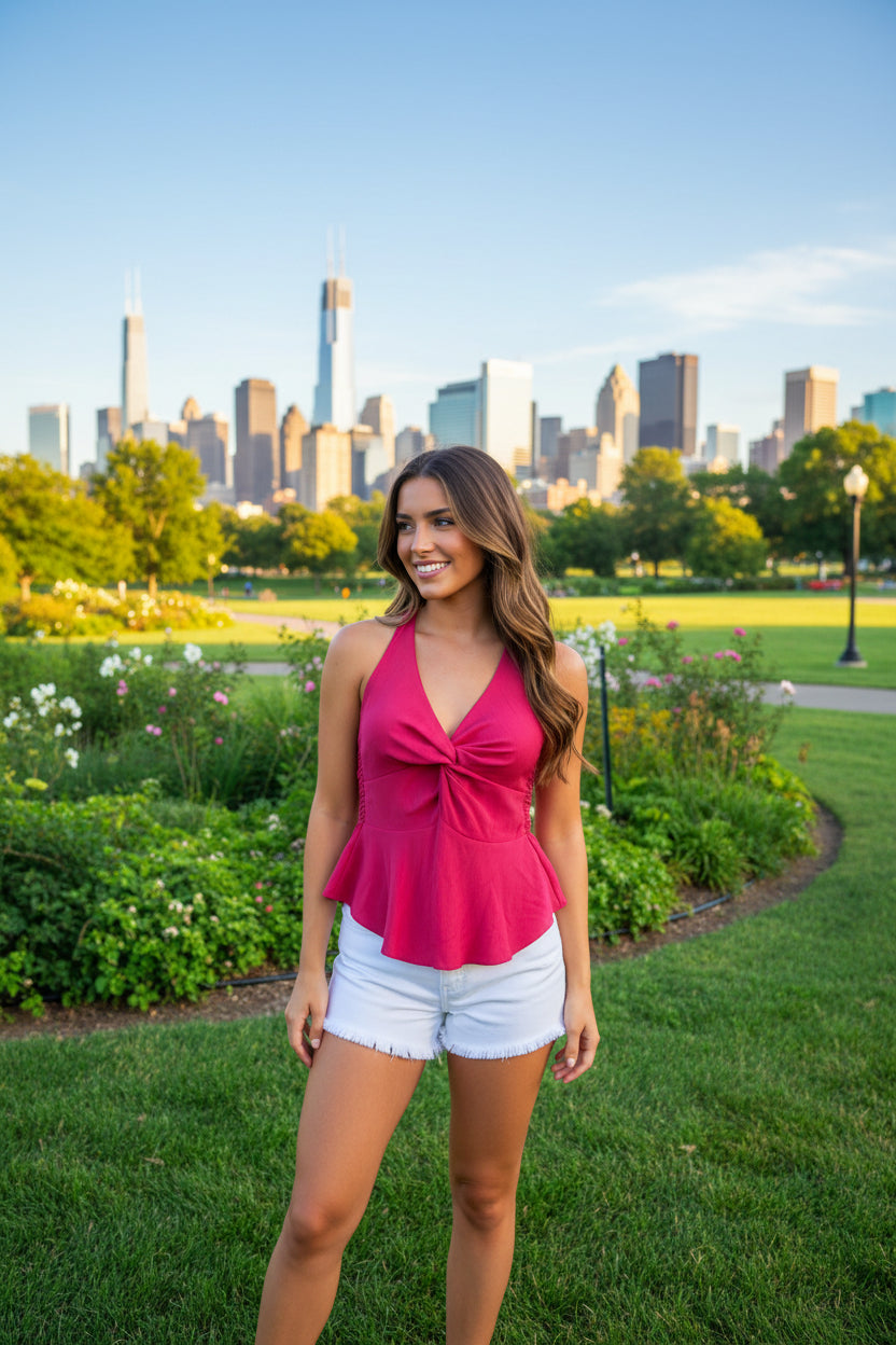 Woman in a pink top and white shorts standing on a balcony with a cityscape background