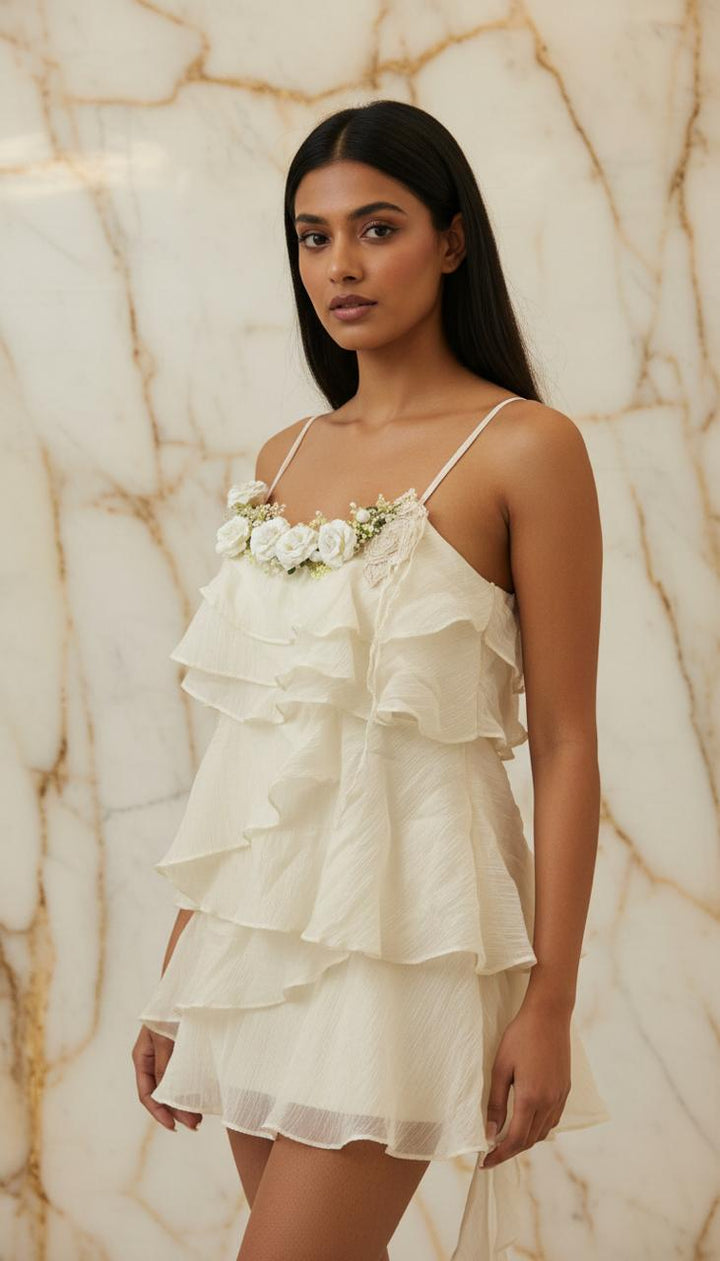 Ivory Blossom - Layered Ruffle Mini Dress