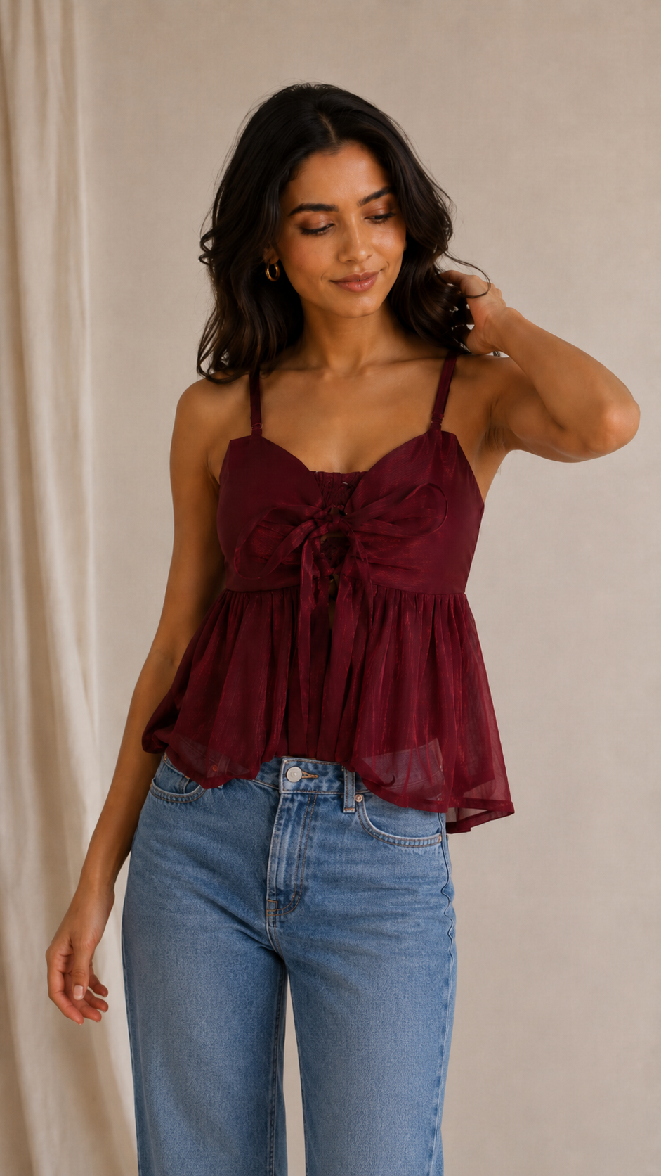 Cherry Wine Satin Peplum Top