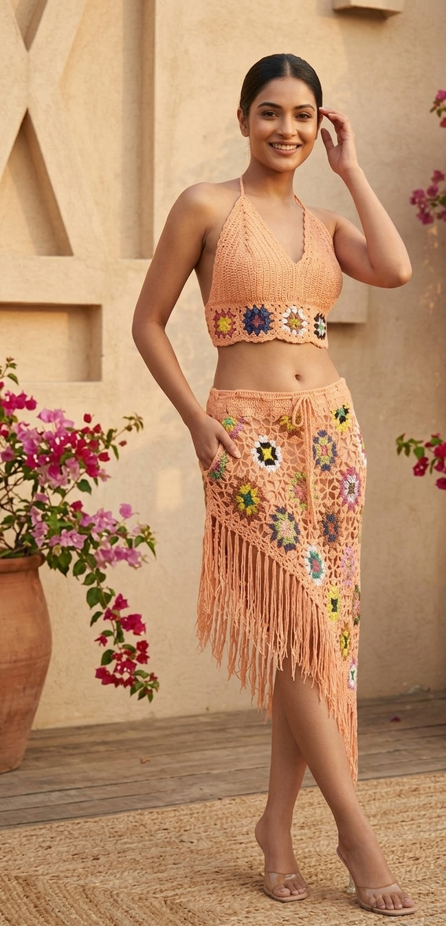 Sandy Peach Crochet Fringe Co-ord Set