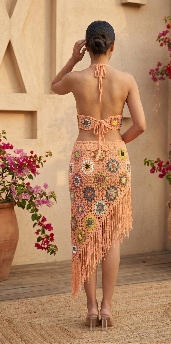 Sandy Peach Crochet Fringe Co-ord Set
