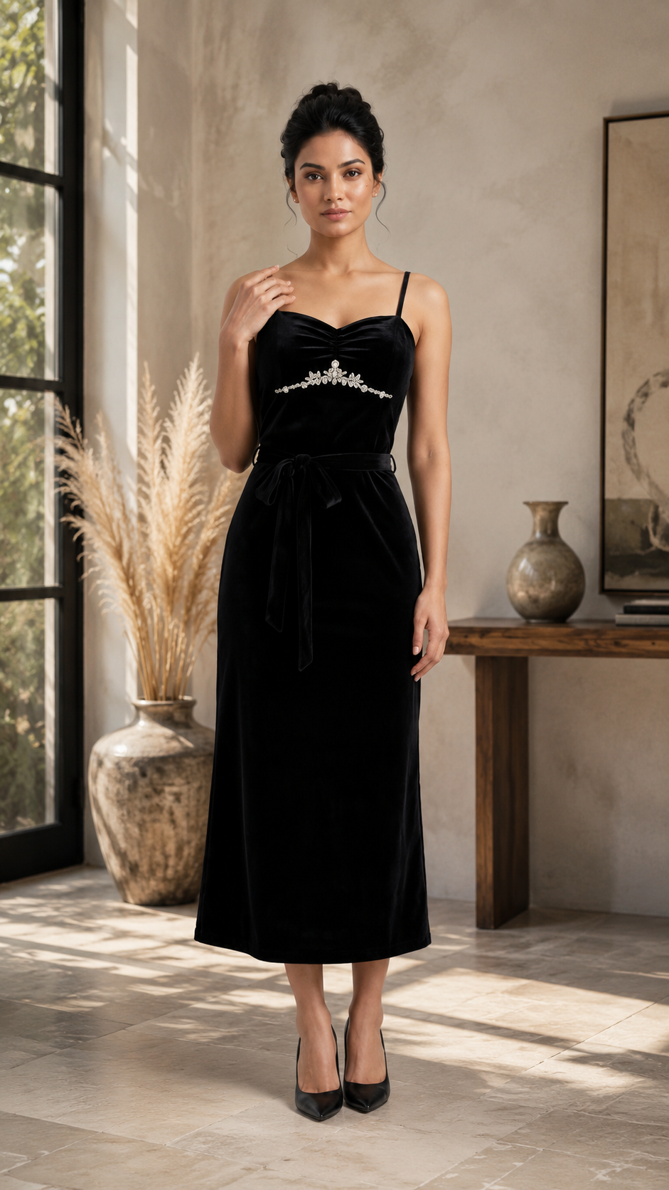 Black Velvet Embellished Maxi Dress with belt