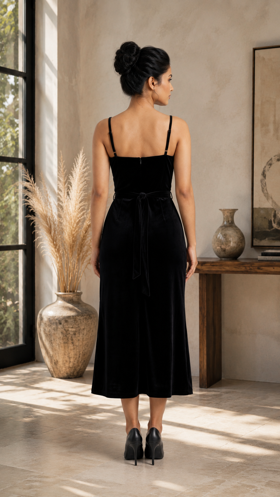 Black Velvet Embellished Maxi Dress with belt