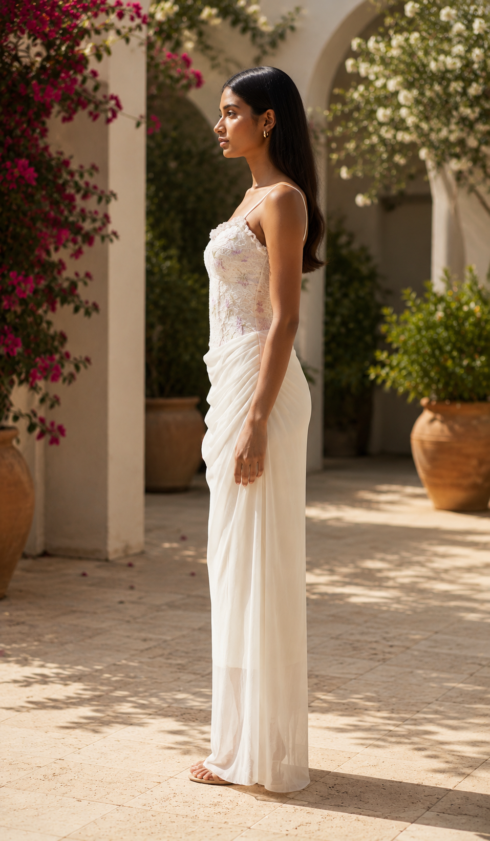 Ivory Floral Lace Maxi Dress with Sheer Overlay