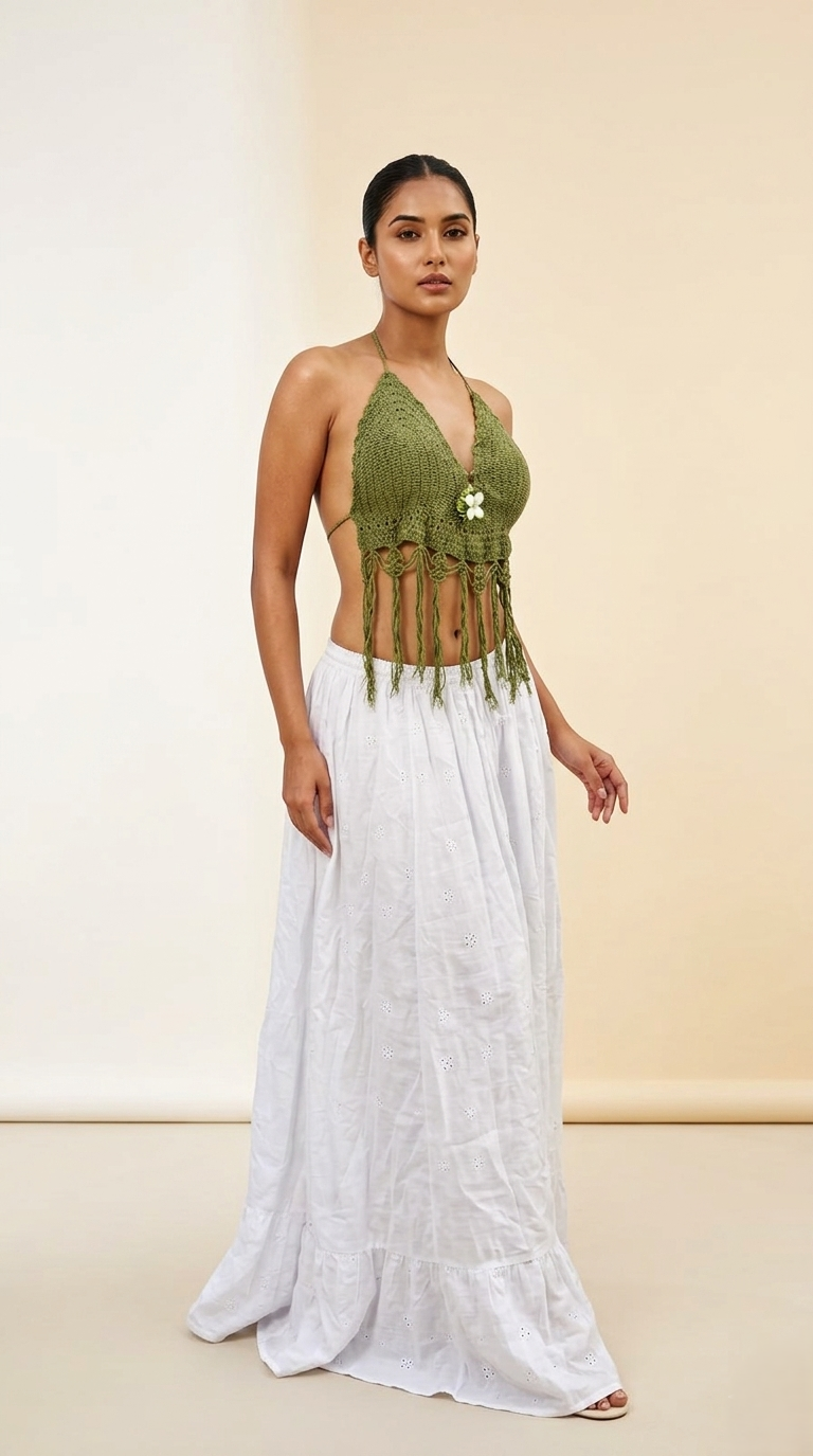 Sage Bloom Crochet Fringe Halter Top