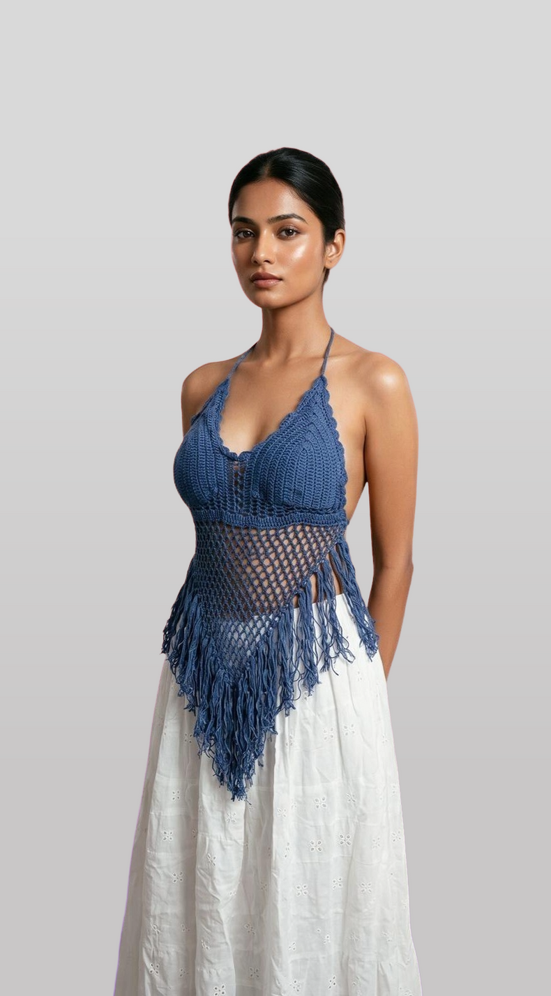 Ocean Wave Blue Crochet Fringe Tank Top