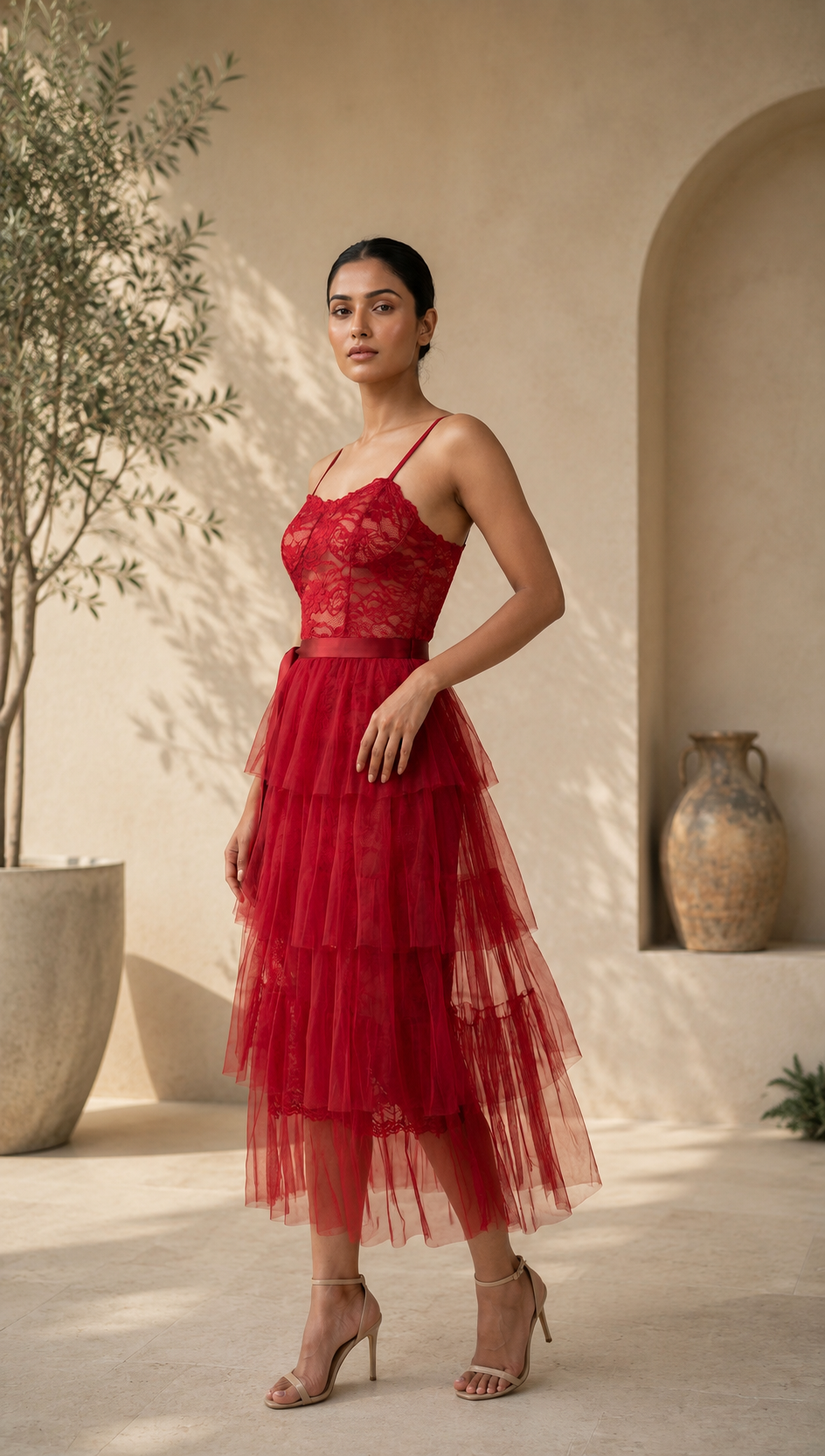 Lace Bodice Mesh Overlay Midi Dress