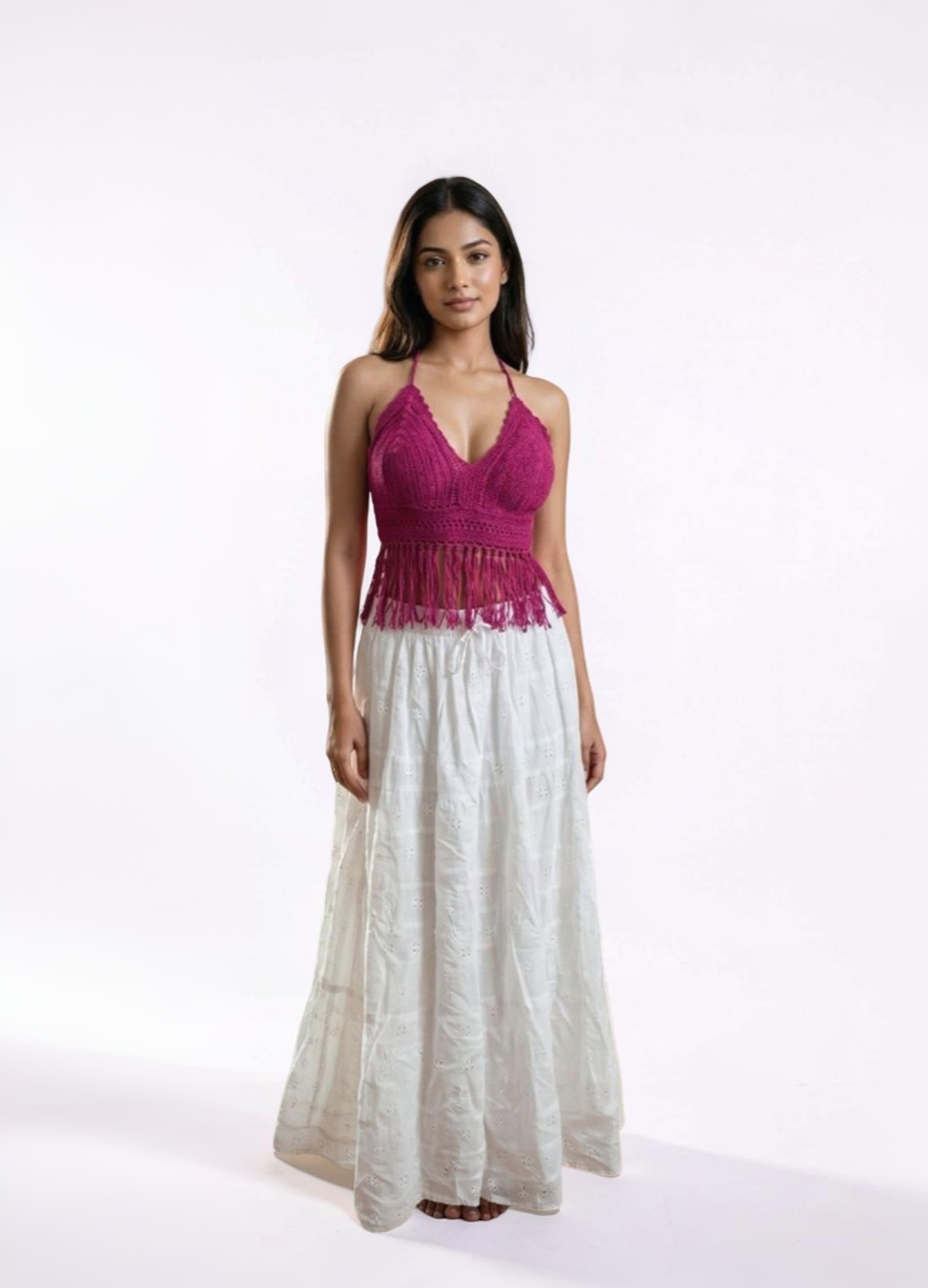 Berry Bliss Pink Crochet Fringe Halter Top