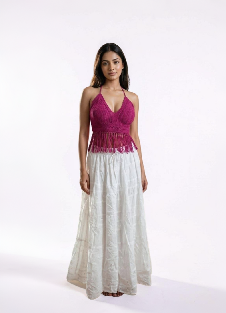Berry Bliss Pink Crochet Fringe Halter Top