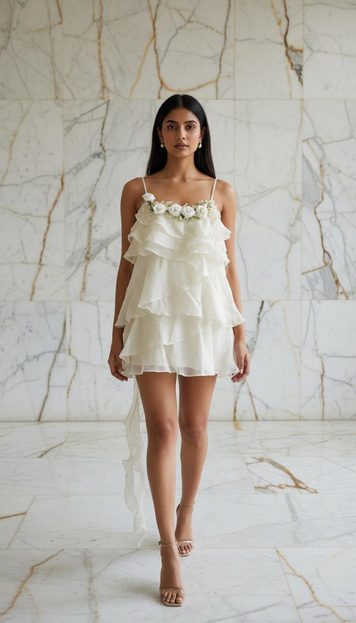 Ivory Blossom - Layered Ruffle Mini Dress