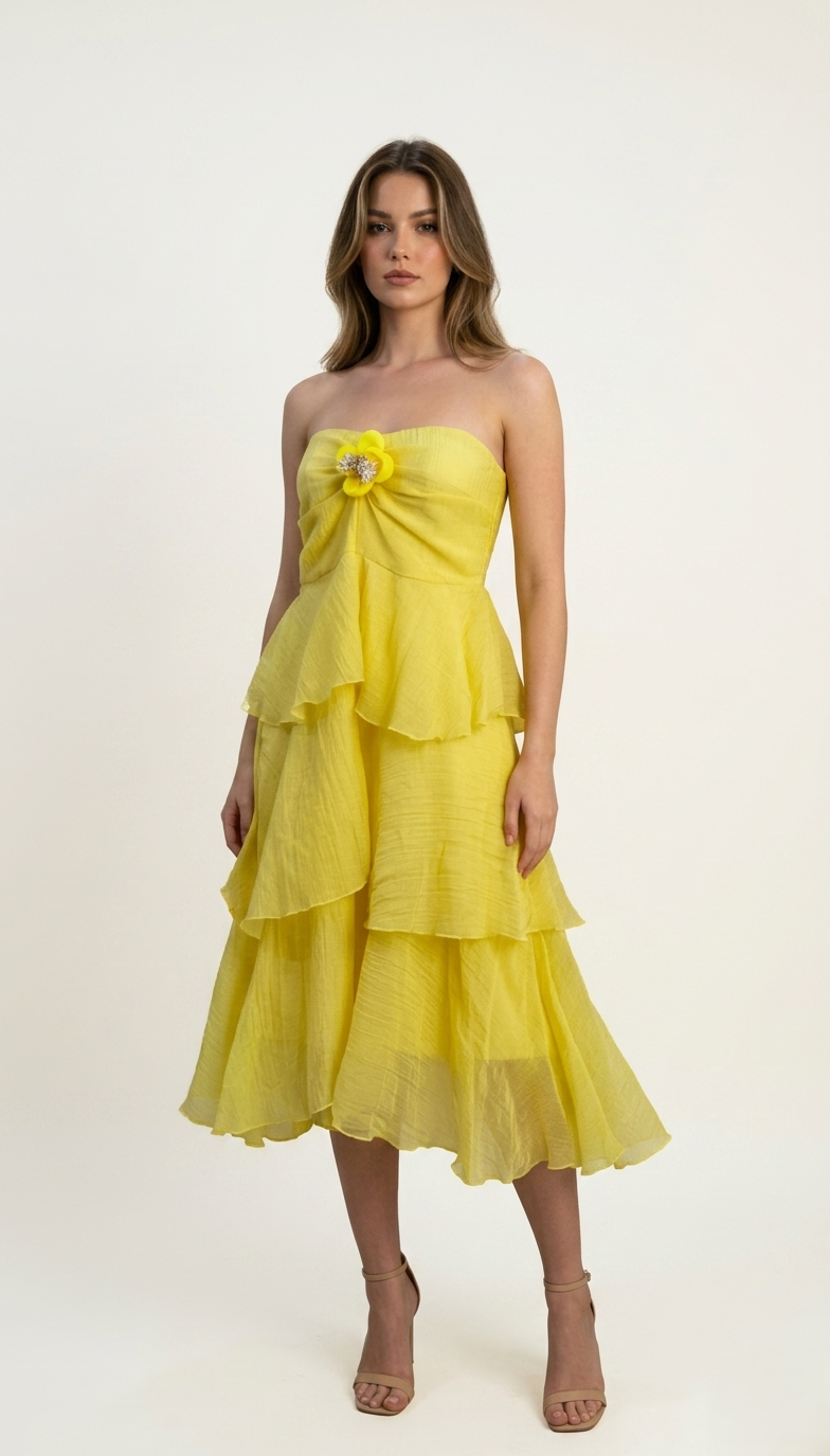 Sunshine Bloom - Yellow Layered Midi Dress