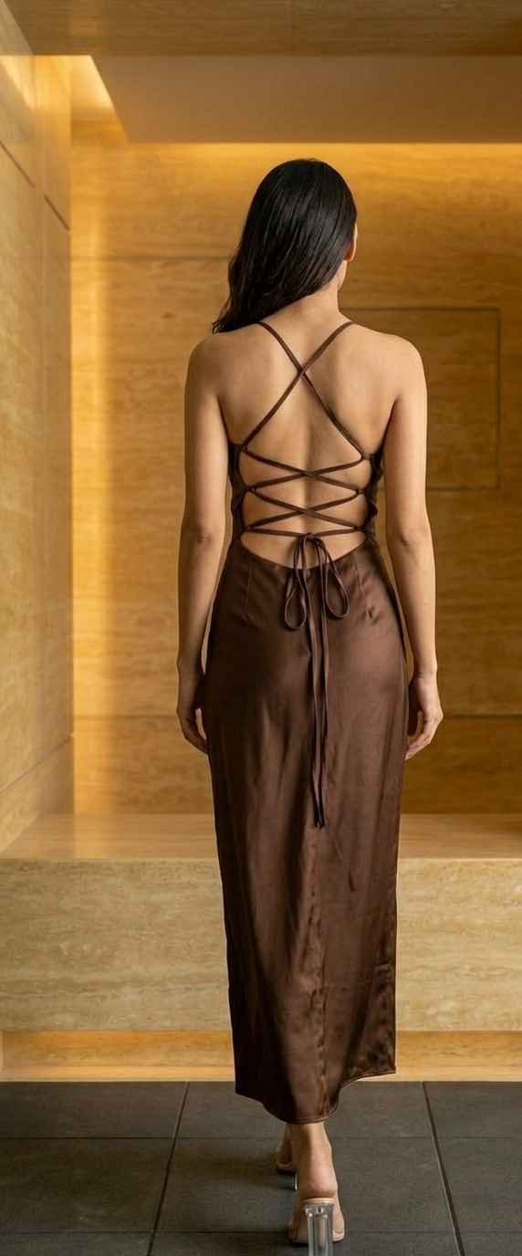 Satin Backless Maxi Dress – Elegant Brown Evening Gown