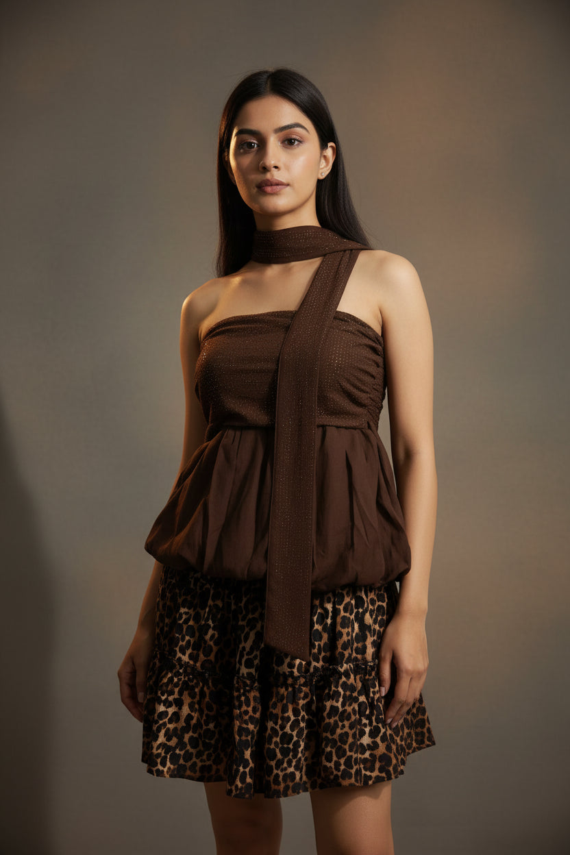 Mocha Muse – Draped Halter Peplum Top