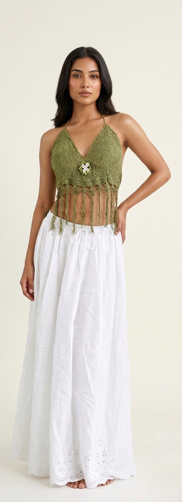 Sage Bloom Crochet Fringe Halter Top