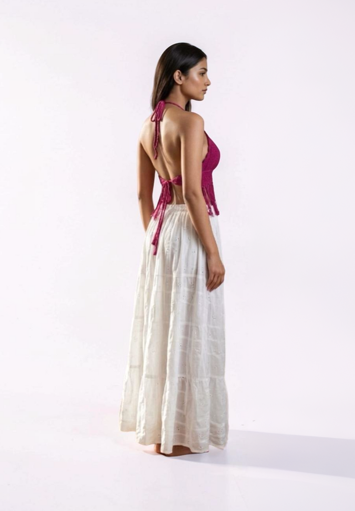 Berry Bliss Pink Crochet Fringe Halter Top