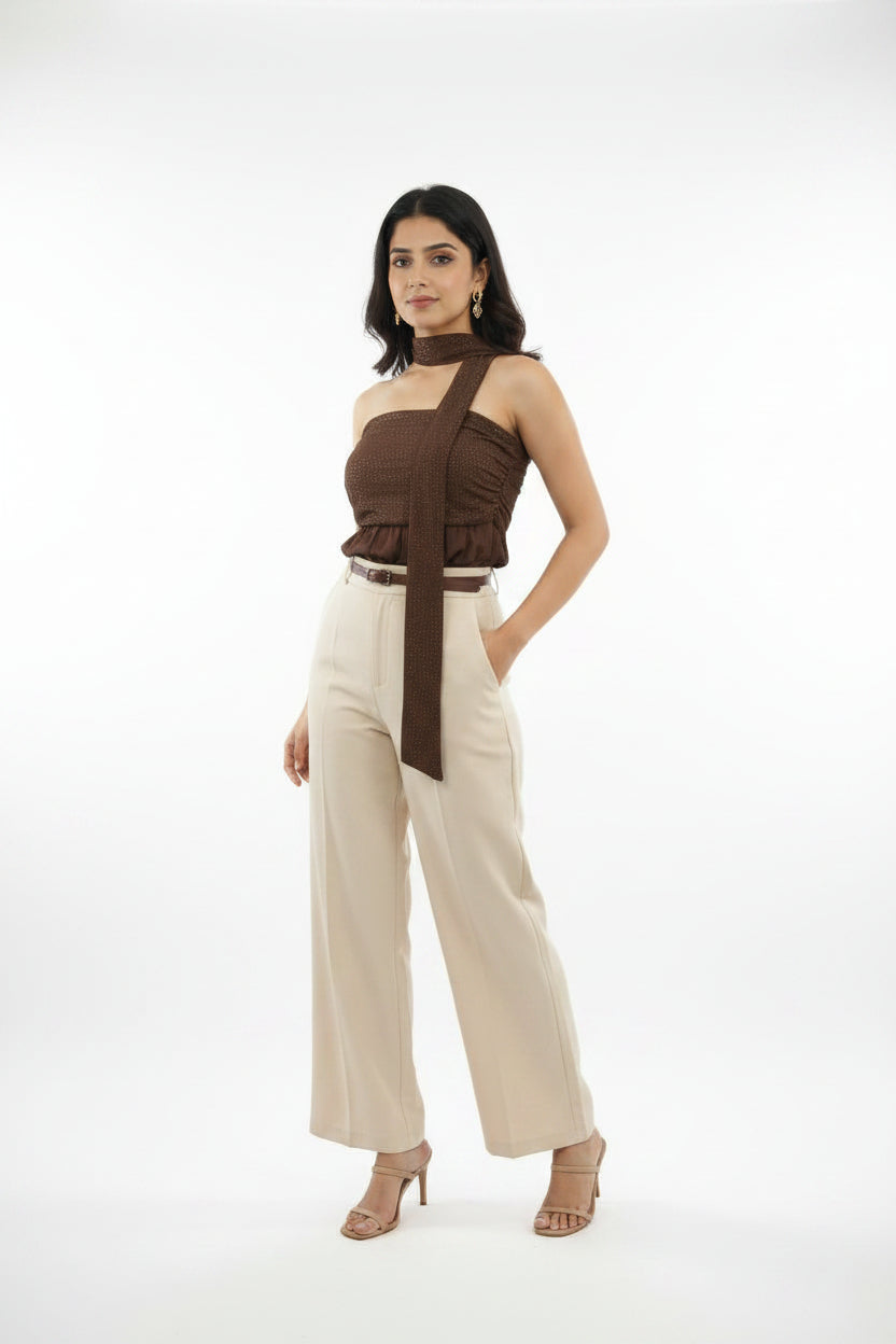 Mocha Muse – Draped Halter Peplum Top