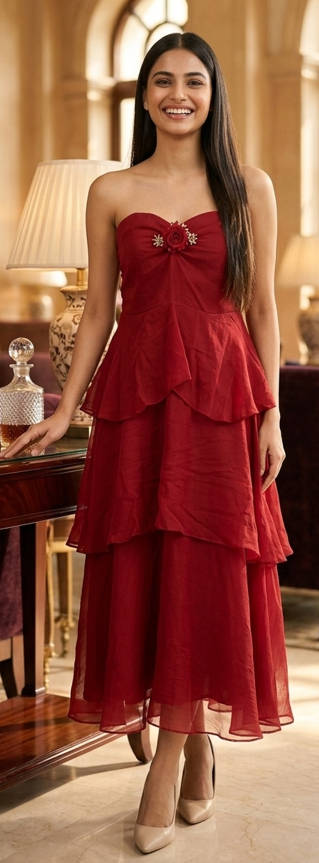 Cherry Red Layered Midi Dress