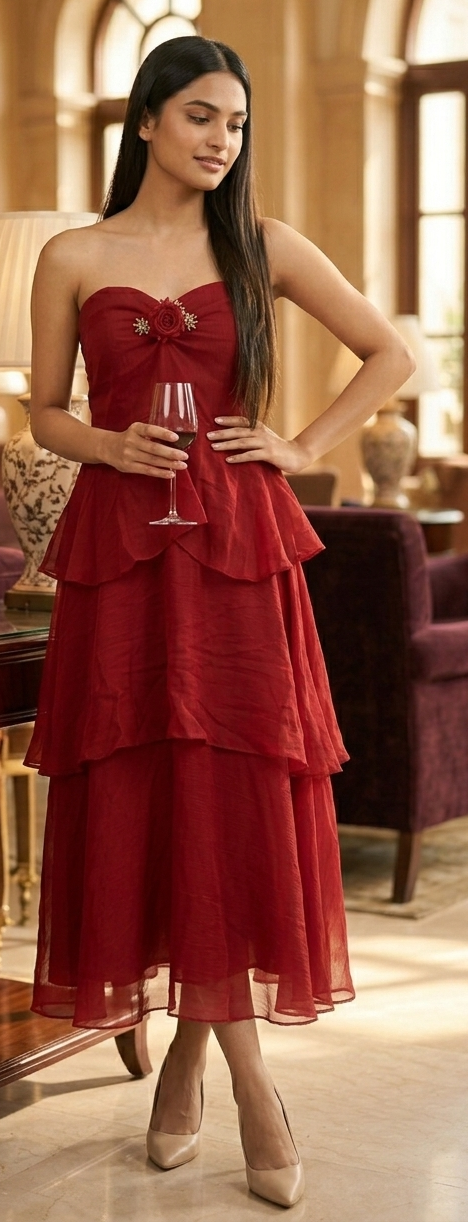 Cherry Red Layered Midi Dress