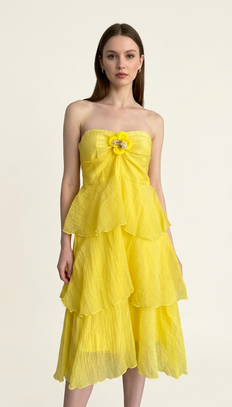Sunshine Bloom - Yellow Layered Midi Dress