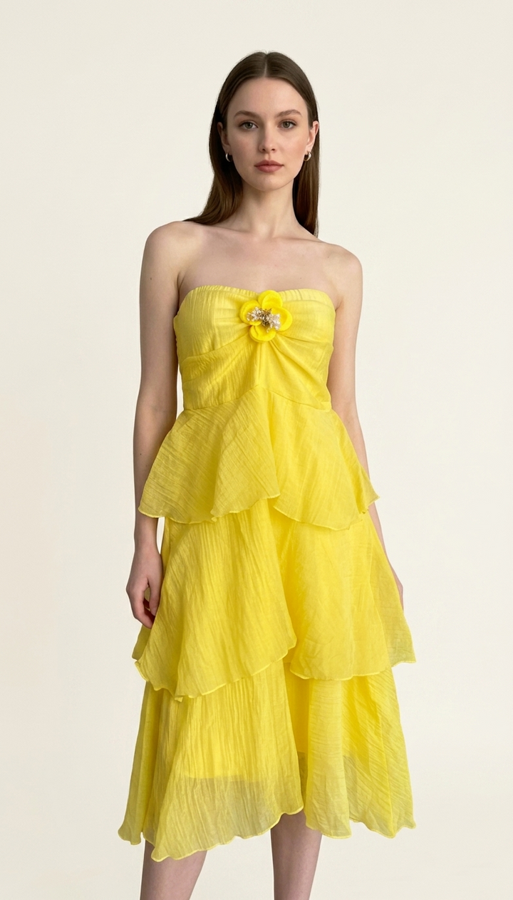 Sunshine Bloom - Yellow Layered Midi Dress