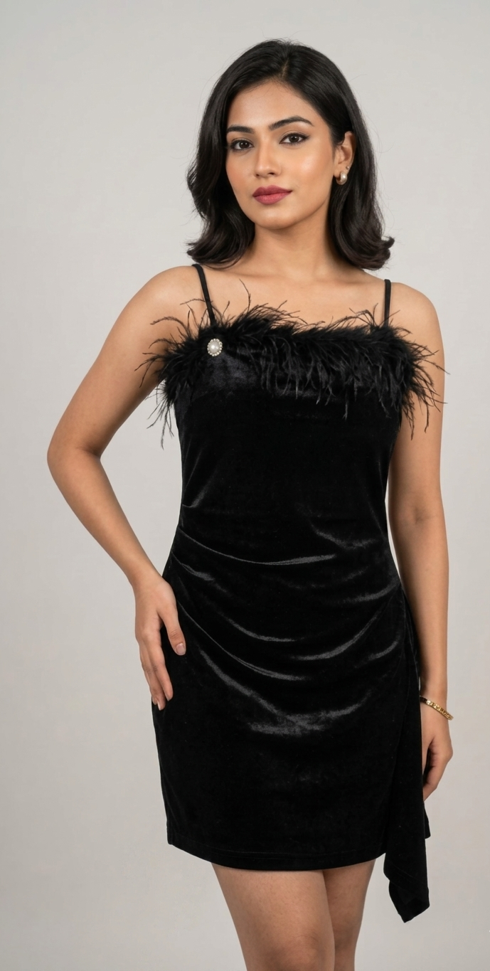 Noir Feather – Velvet Party Mini Dress