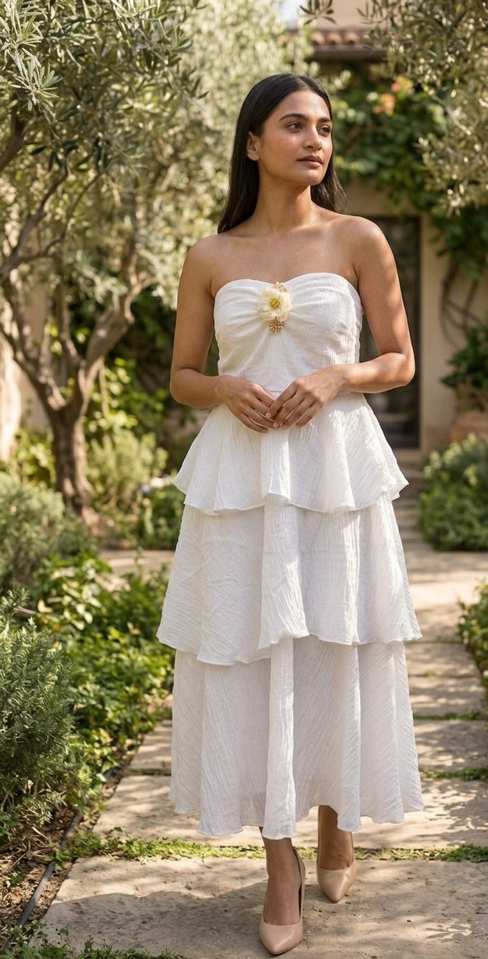 Pearl Muse - White Layered Midi Dress