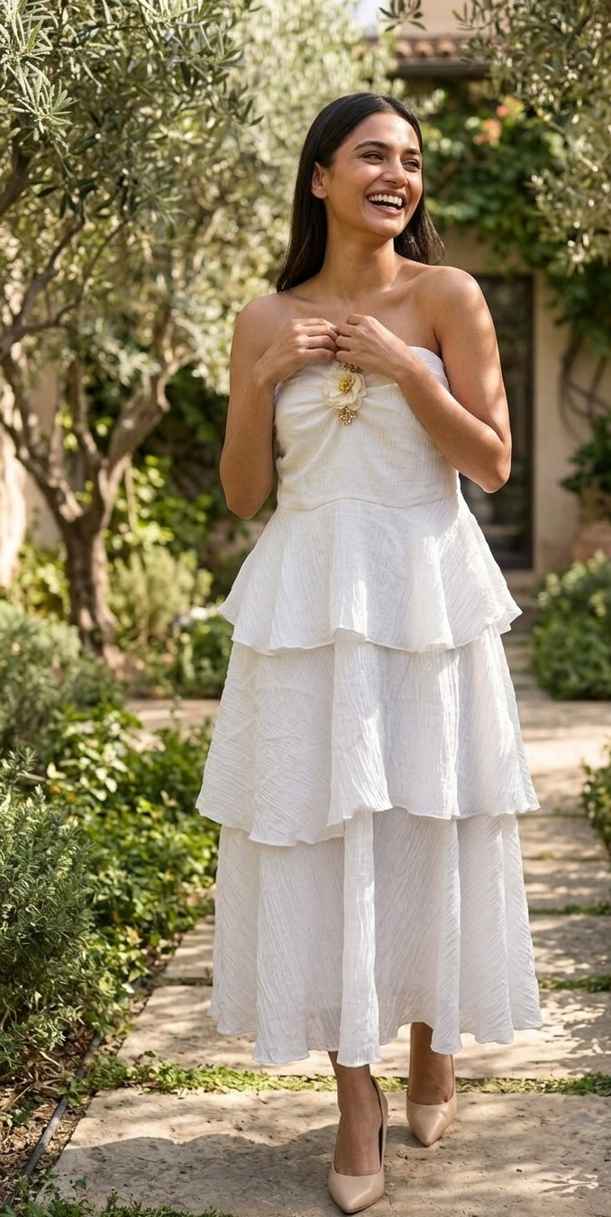 Pearl Muse - White Layered Midi Dress