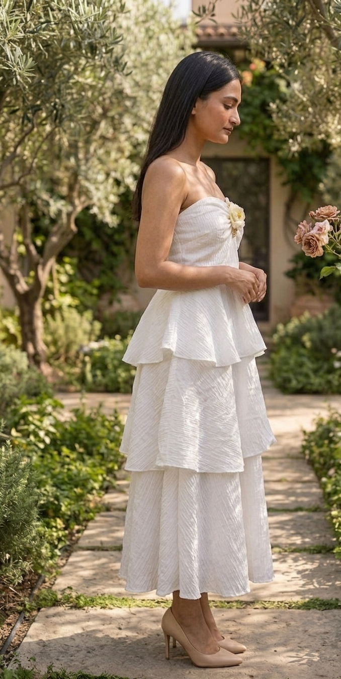 Pearl Muse - White Layered Midi Dress
