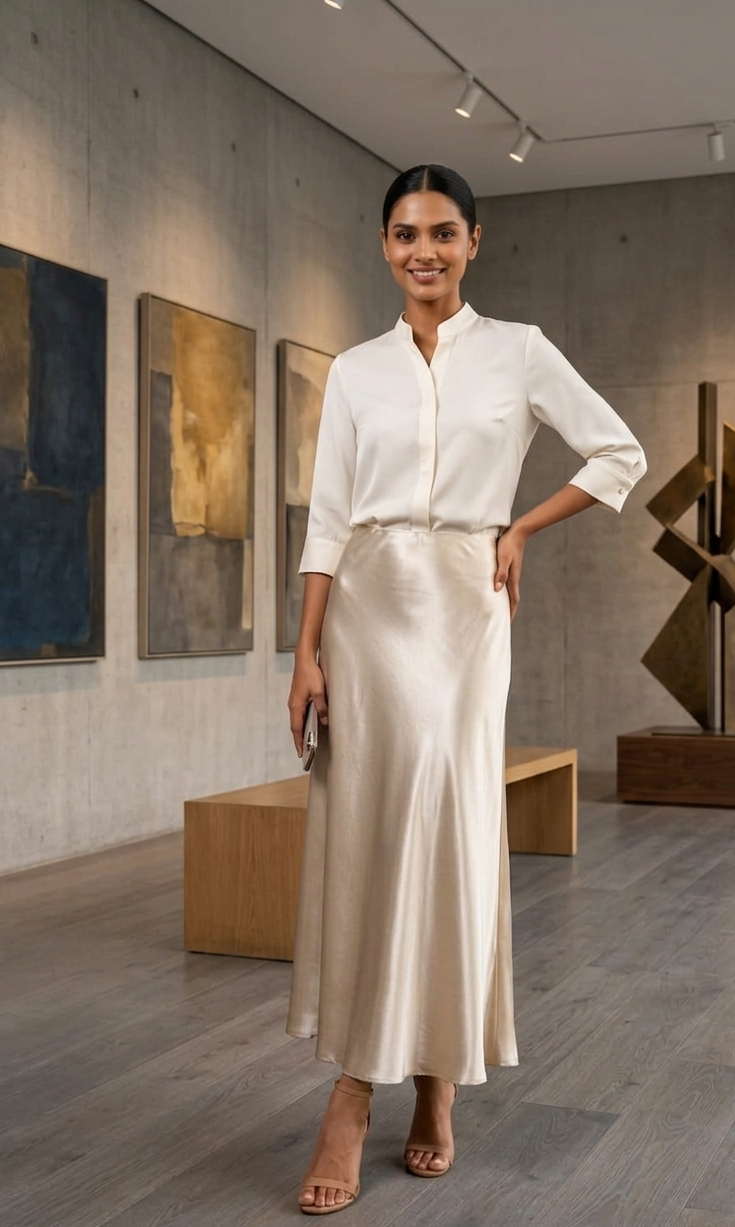 Off White Satin Maxi Skirt