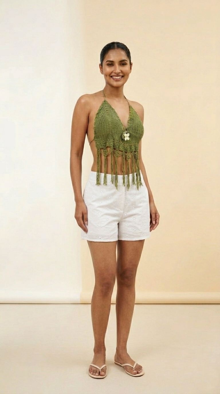 Sage Bloom Crochet Fringe Halter Top