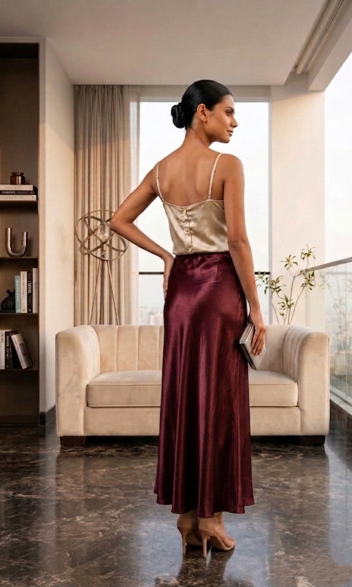 Maroon Satin Maxi Skirt