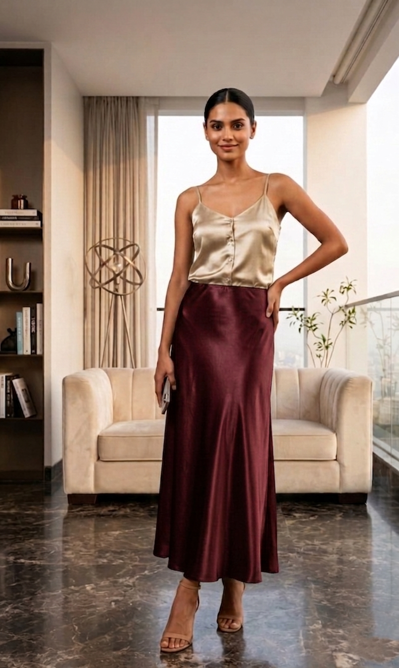 Maroon Satin Maxi Skirt