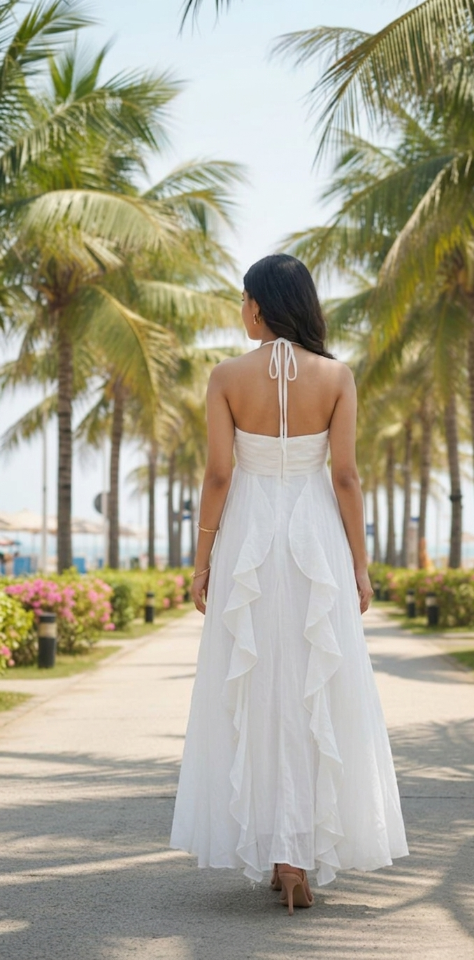 White Ruffle Detail Halter Neck Maxi Dress