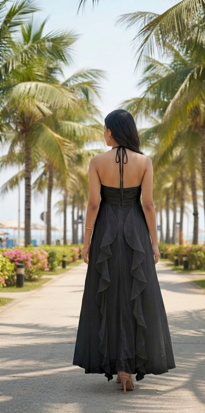 Black Ruffle Detail Halter Neck Maxi Dress