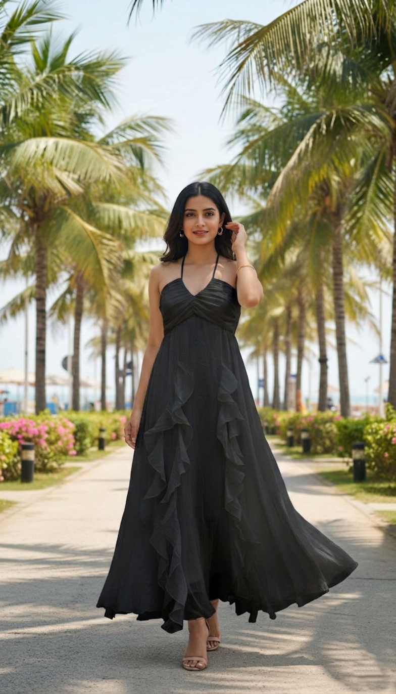 Black Ruffle Detail Halter Neck Maxi Dress