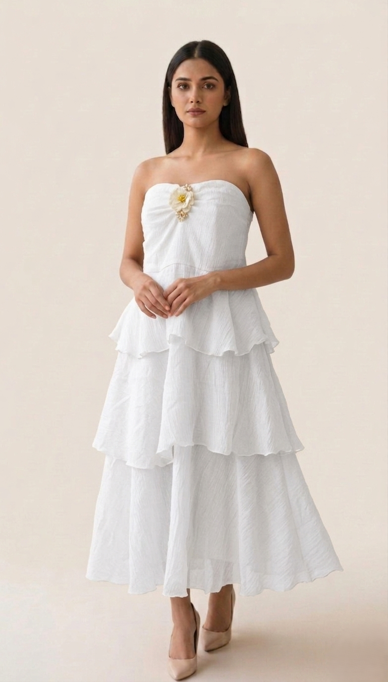 Pearl Muse - White Layered Midi Dress