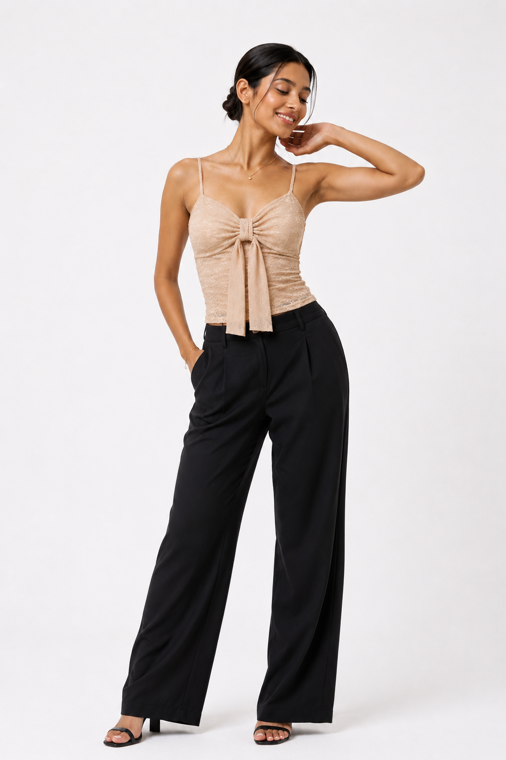 Beige Bloom Tie-Front Top