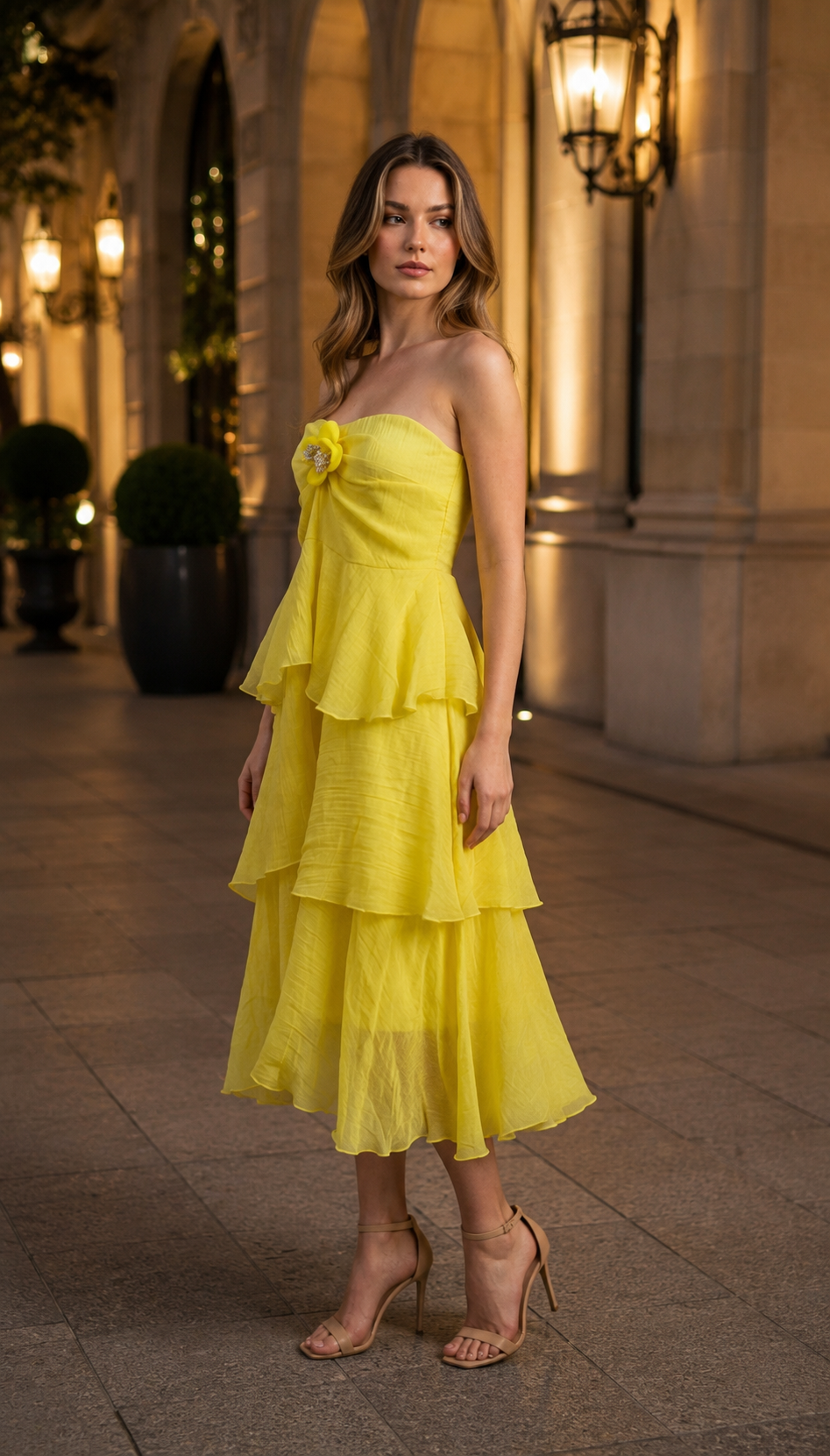 Sunshine Bloom - Yellow Layered Midi Dress