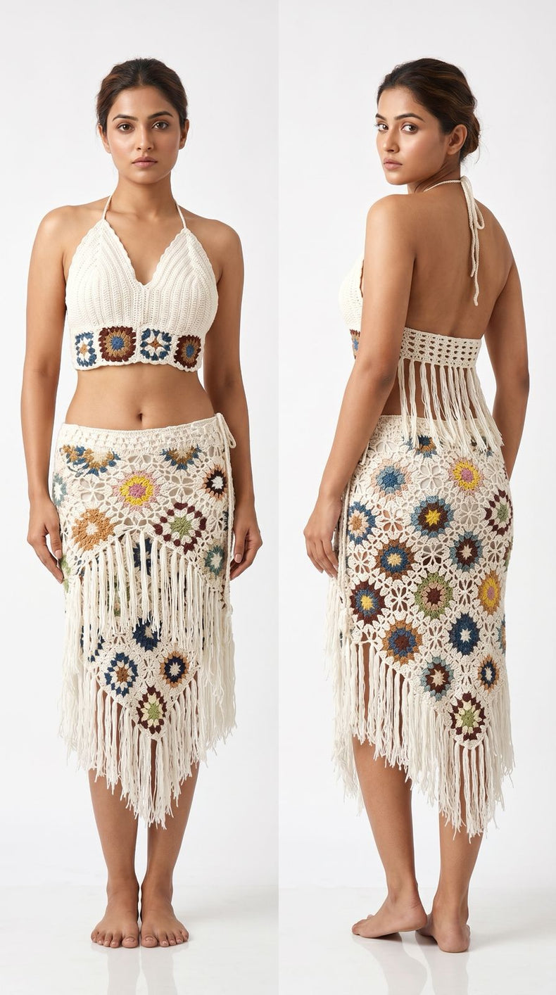 White Crochet Fringe Co-ord Set