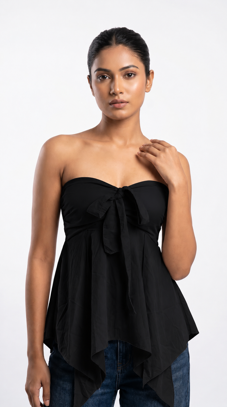 Midnight Bow Strapless Handkerchief Top