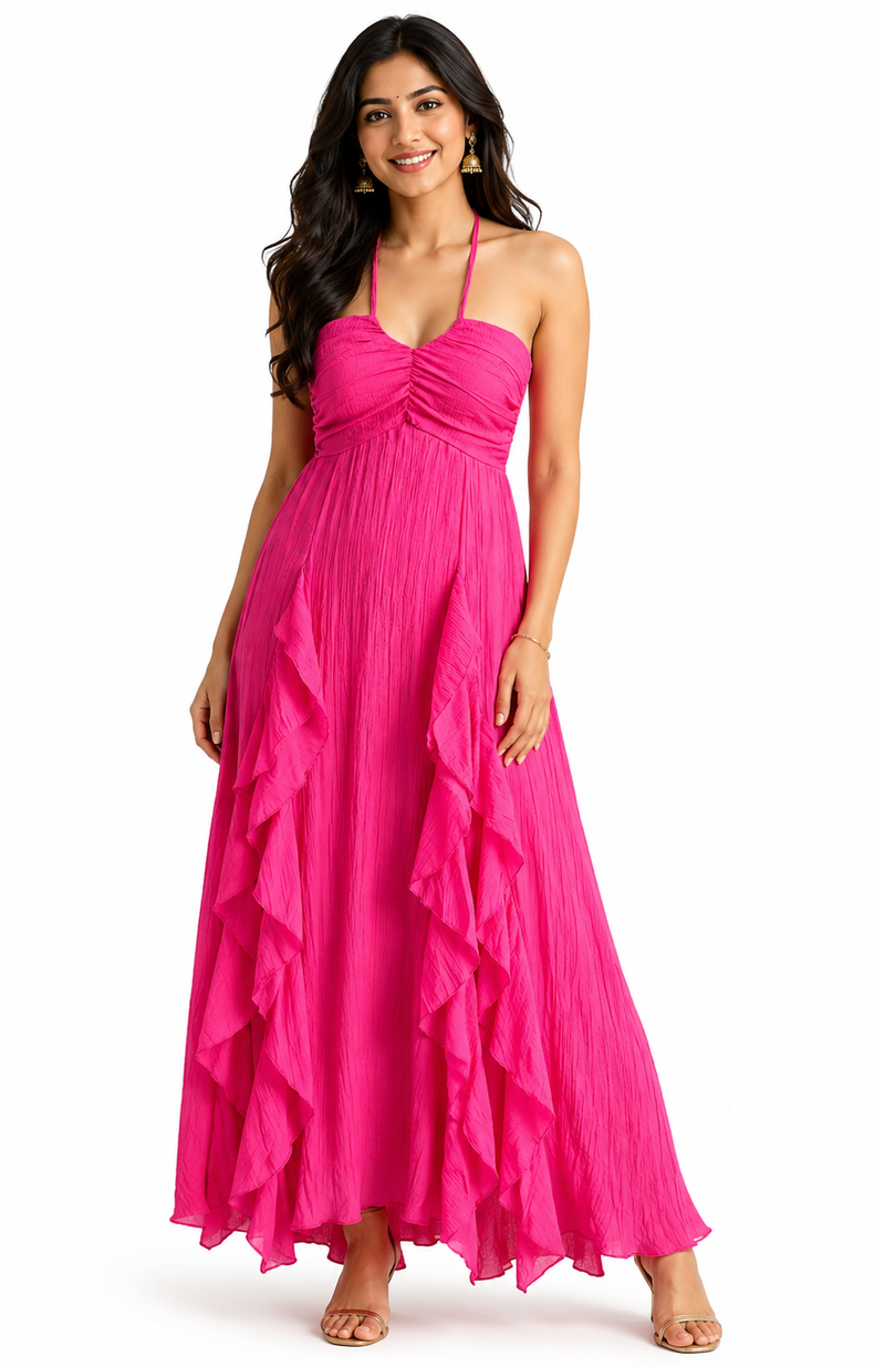 Hot Pink Ruffle Detail Halter Neck Maxi Dress
