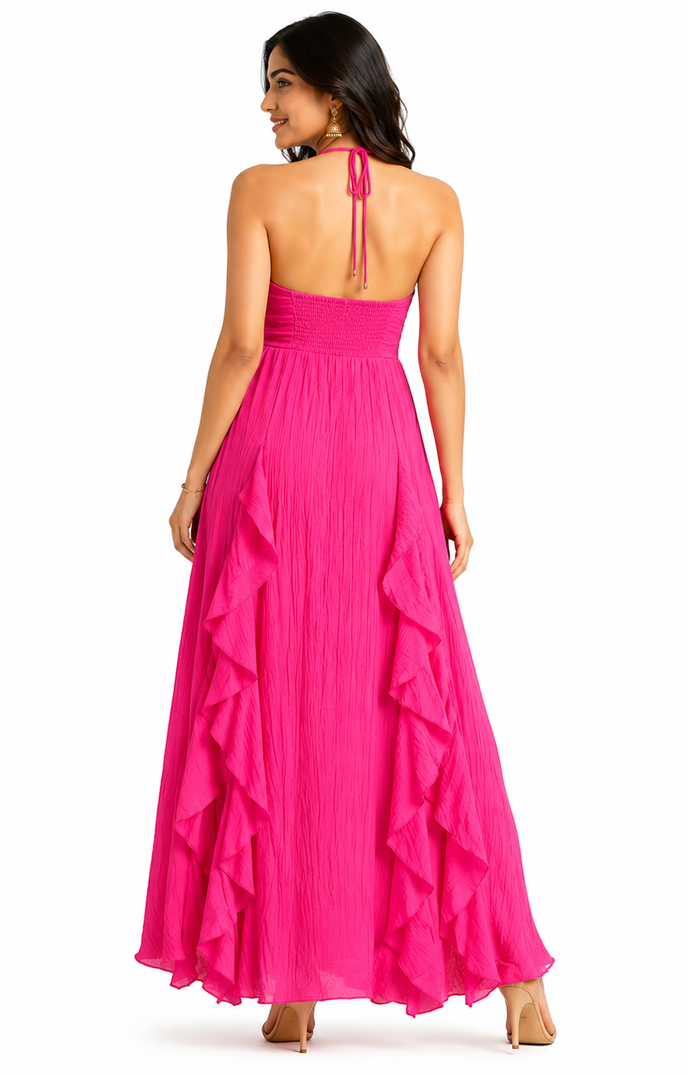 Hot Pink Ruffle Detail Halter Neck Maxi Dress