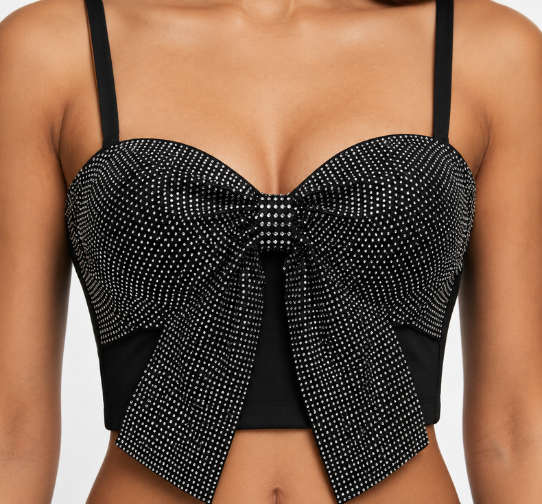 Noir Crystal Bow Bustier Top