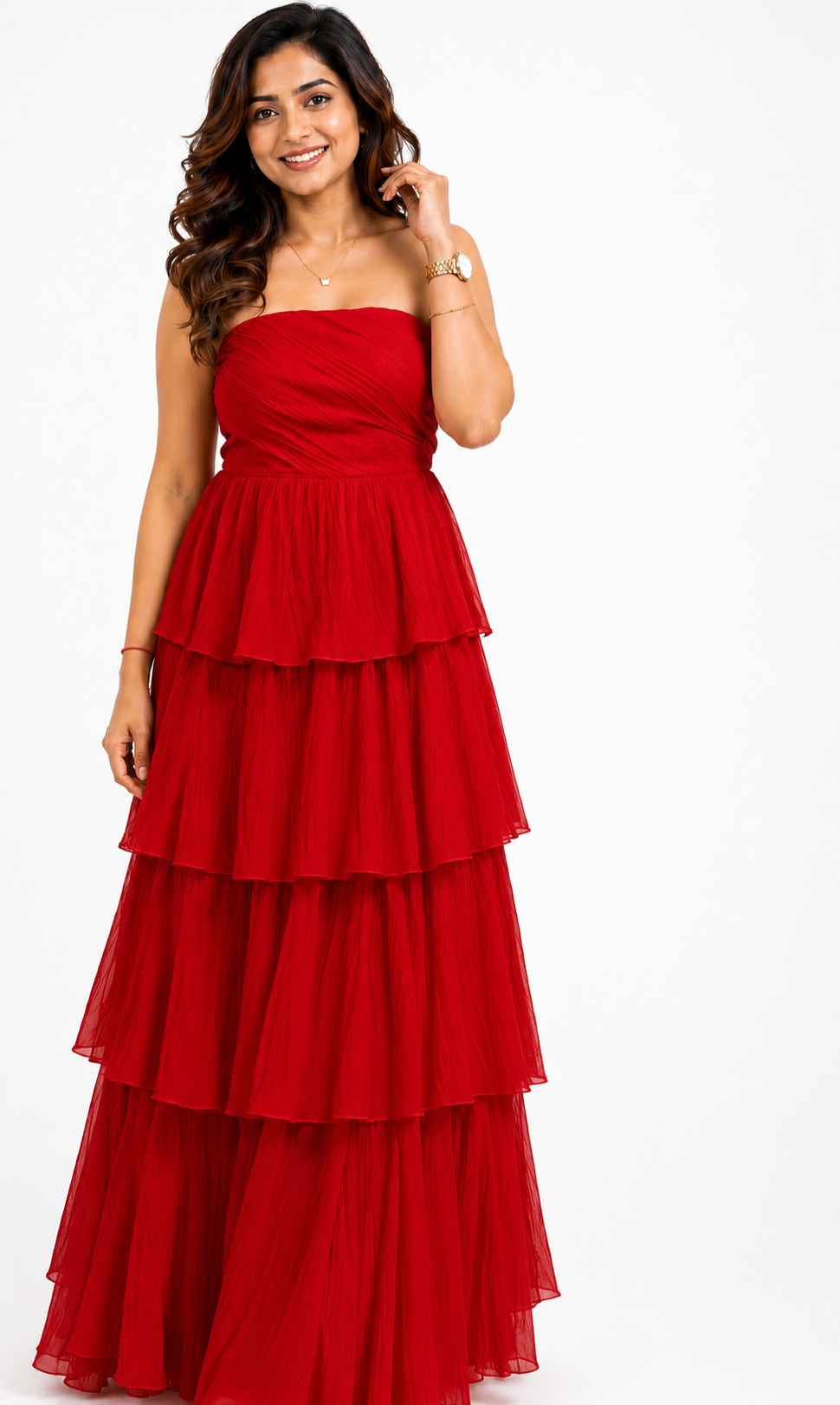 Rosé Ruffle Tiered Maxi Gown – Red
