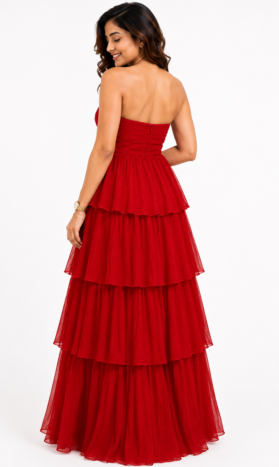 Rosé Ruffle Tiered Maxi Gown – Red