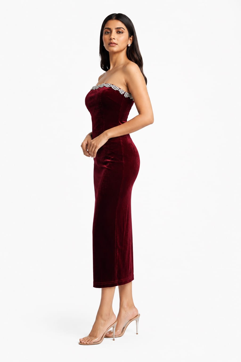 Wine Velvet Strapless Midi Dress