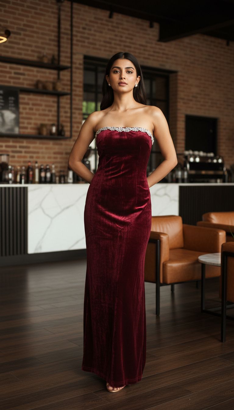 Wine Velvet Strapless Midi Dress