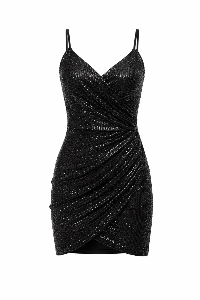 Black Sequin Wrap Mini Dress