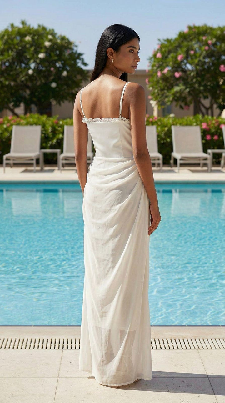 Ivory Floral Lace Maxi Dress with Sheer Overlay
