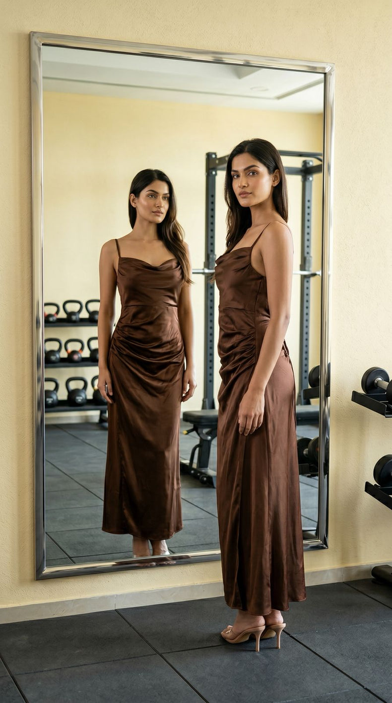 Satin Backless Maxi Dress – Elegant Brown Evening Gown
